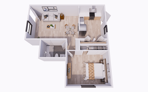 A top down view of a house interior with a living room, dining room, kitchen, and two bedrooms.